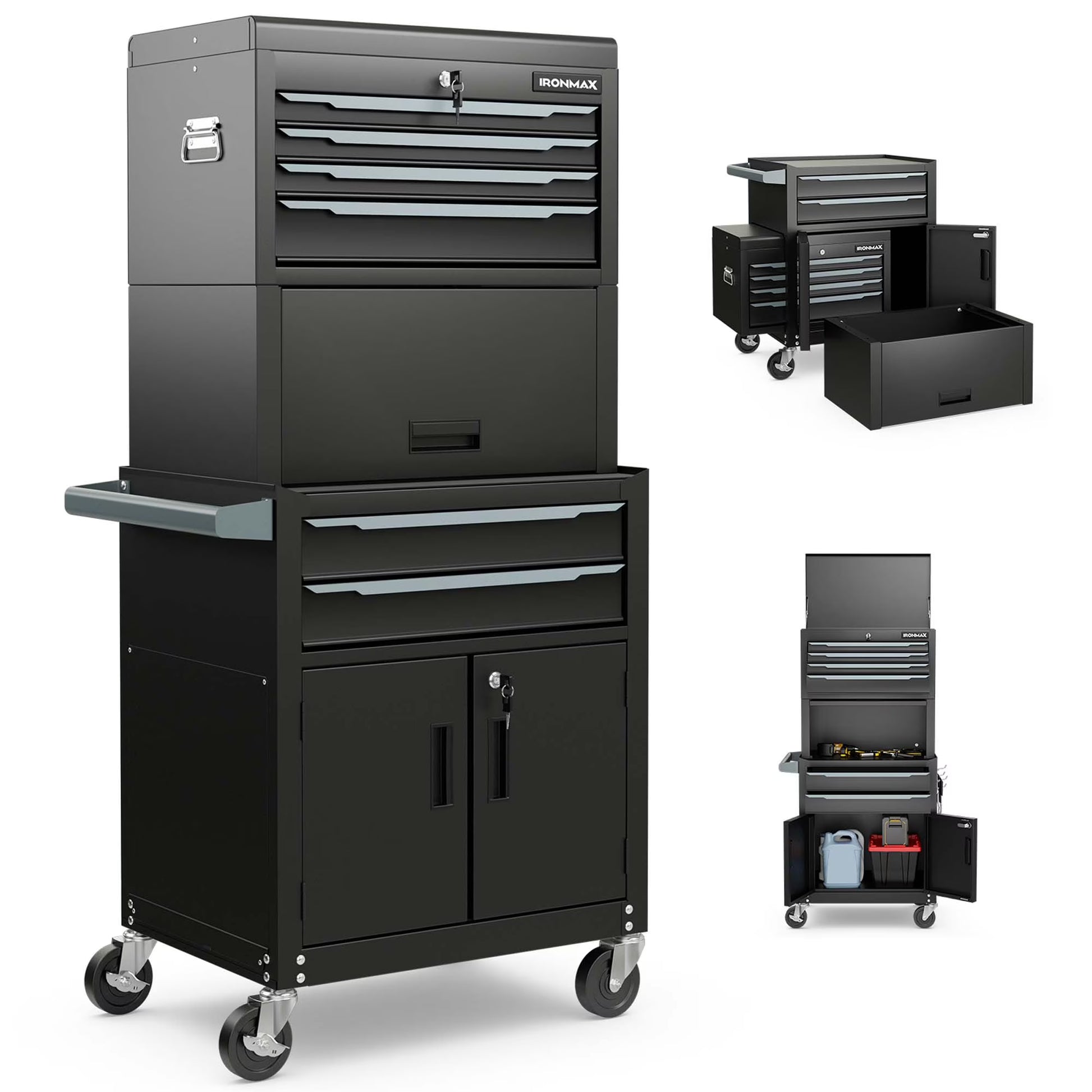 Ironmax 6-Drawer Rolling Tool Chest 3-in-1 Heavy-Duty Storage Cabinet with Universal Wheels Black