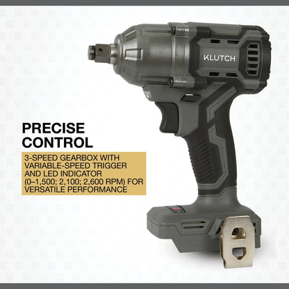 Klutch 1/2in. Impact Wrench, KLiQ 20V, 500 Ft./Lbs. Breakaway Torque, Brushless, Cordless, Bare Tool