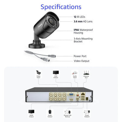 ANNKE H.265+ Wired Security Camera System, 8pcs 2MP Surveillance Weatherproof Bullet Cameras and 3K AI 5in1 DVR with Human/Vehicle Detection, 100ft IR Night Vision, No HDD, Remote Acce, Security Kit