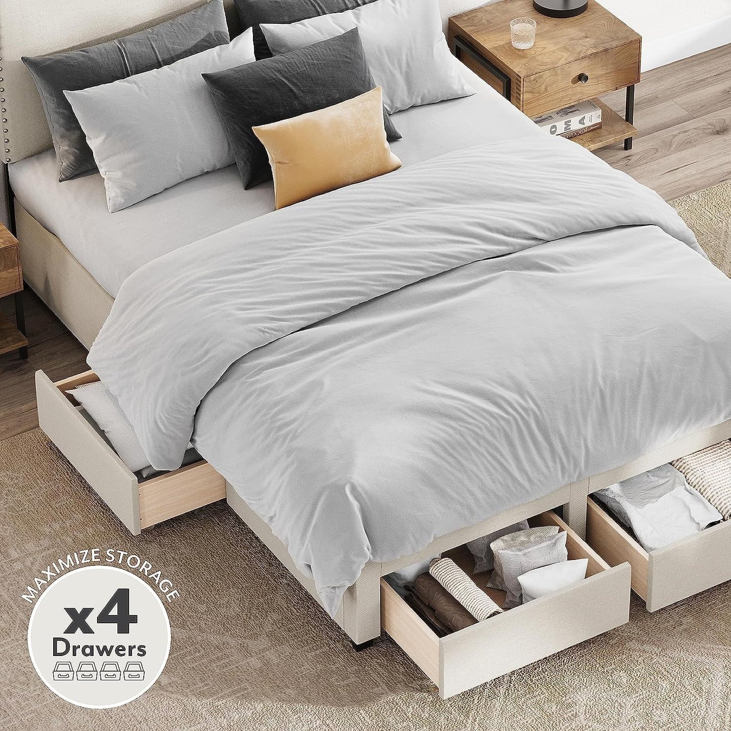 DG Casa Lucas Nailhead Trim Upholstered Platform Bed Frame with Storage, Queen Size, Beige