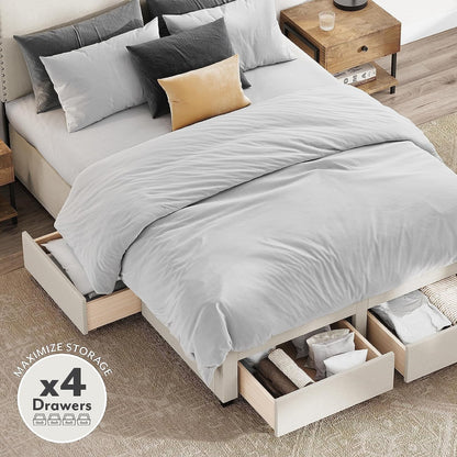 DG Casa Lucas Nailhead Trim Upholstered Platform Bed Frame with Storage, Queen Size, Beige