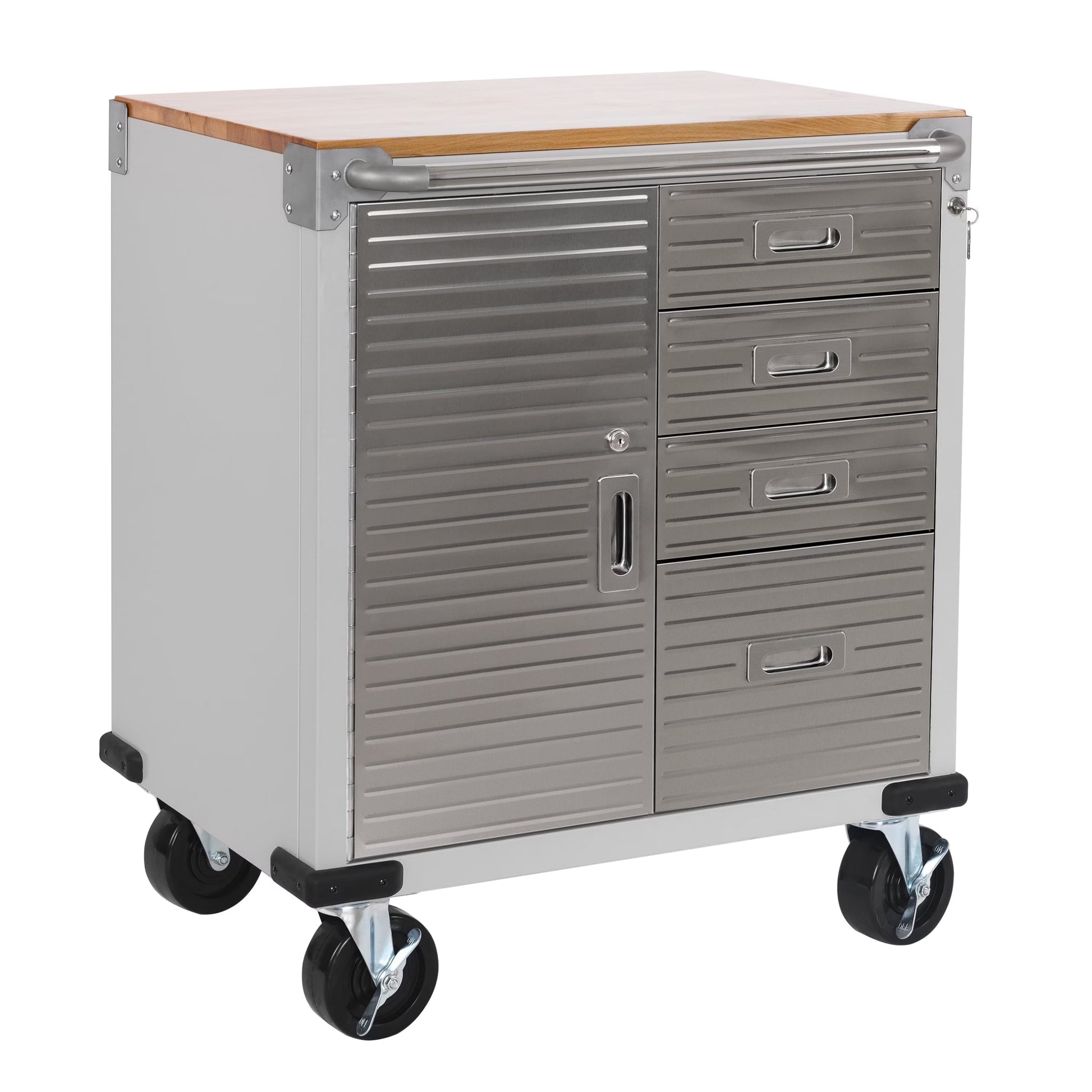 Seville Classics UltraHD Heavy Duty Rolling Cabinet Workbench Table w/Solid Wood Top, Workstation for Garage, Office, Workshop, White, 1-Door, 4-Drawer (28" W x 25" D)