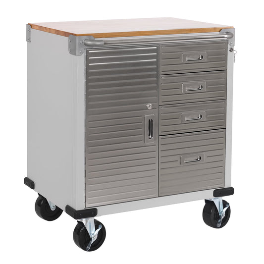 Seville Classics UltraHD® Heavy Duty Rolling Cabinet Workbench Table w/Solid Wood Top, Workstation for Garage, Office, Workshop, Granite, 1-Door, 4-Drawer (28" W x 25" D)