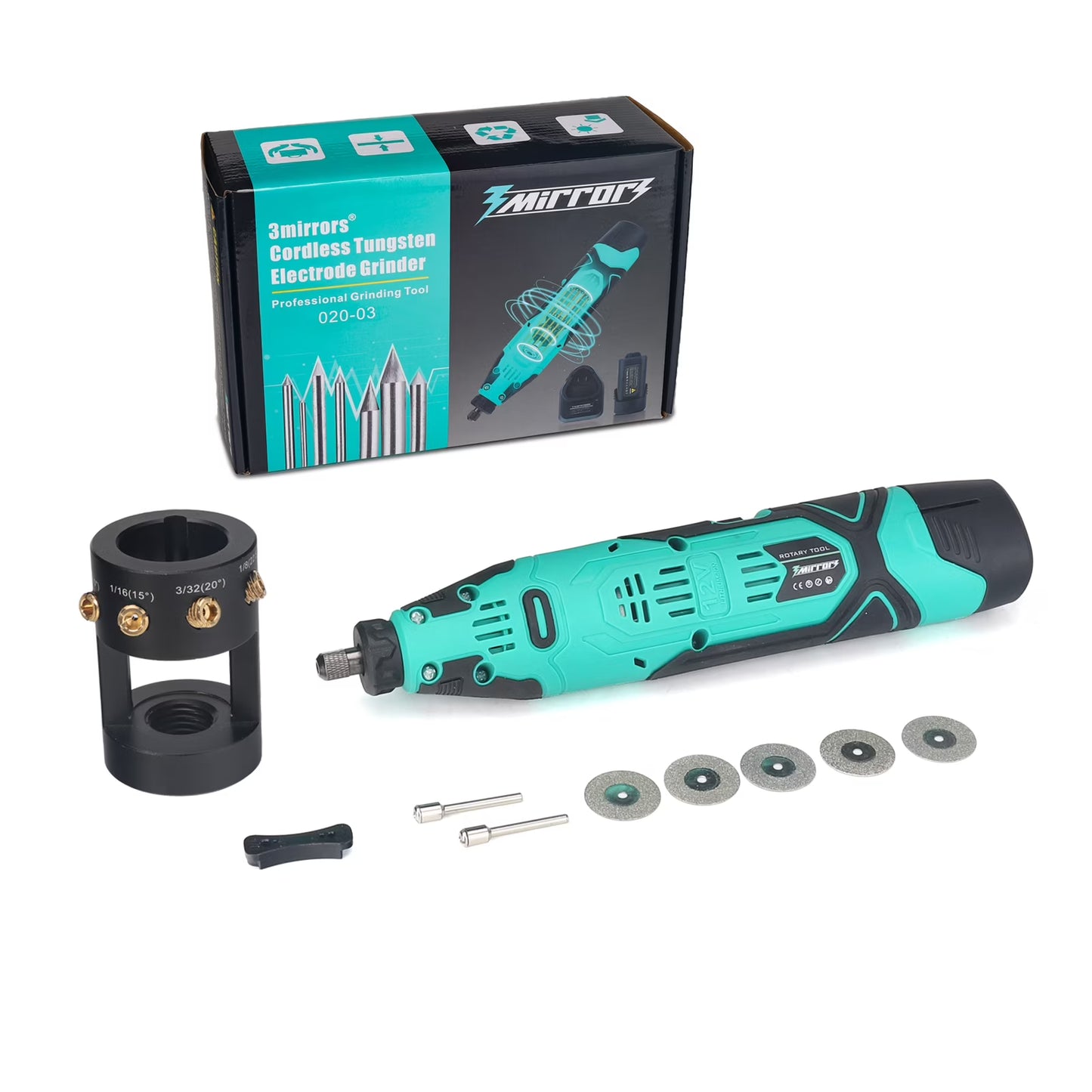 3mirrors Cordless Tungsten Electrode Grinder Sharpener TIG Welding Tool w/12V Lithium Battery Rotary Hand-Held 4 Holes w/Multi-Angle &Offsets, CNC Man
