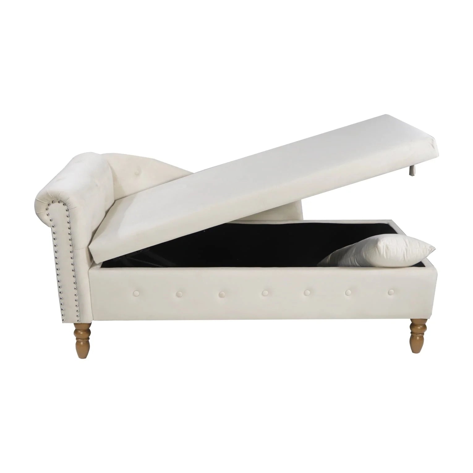 Indoor Velvet Chaise Lounge with Hidden Storage, Modern 58" L Upholstered Rolled Arm Chaise Chair with 1 Pillow and Solid Wood Legs for Living Room Bedroom Office (Beige)