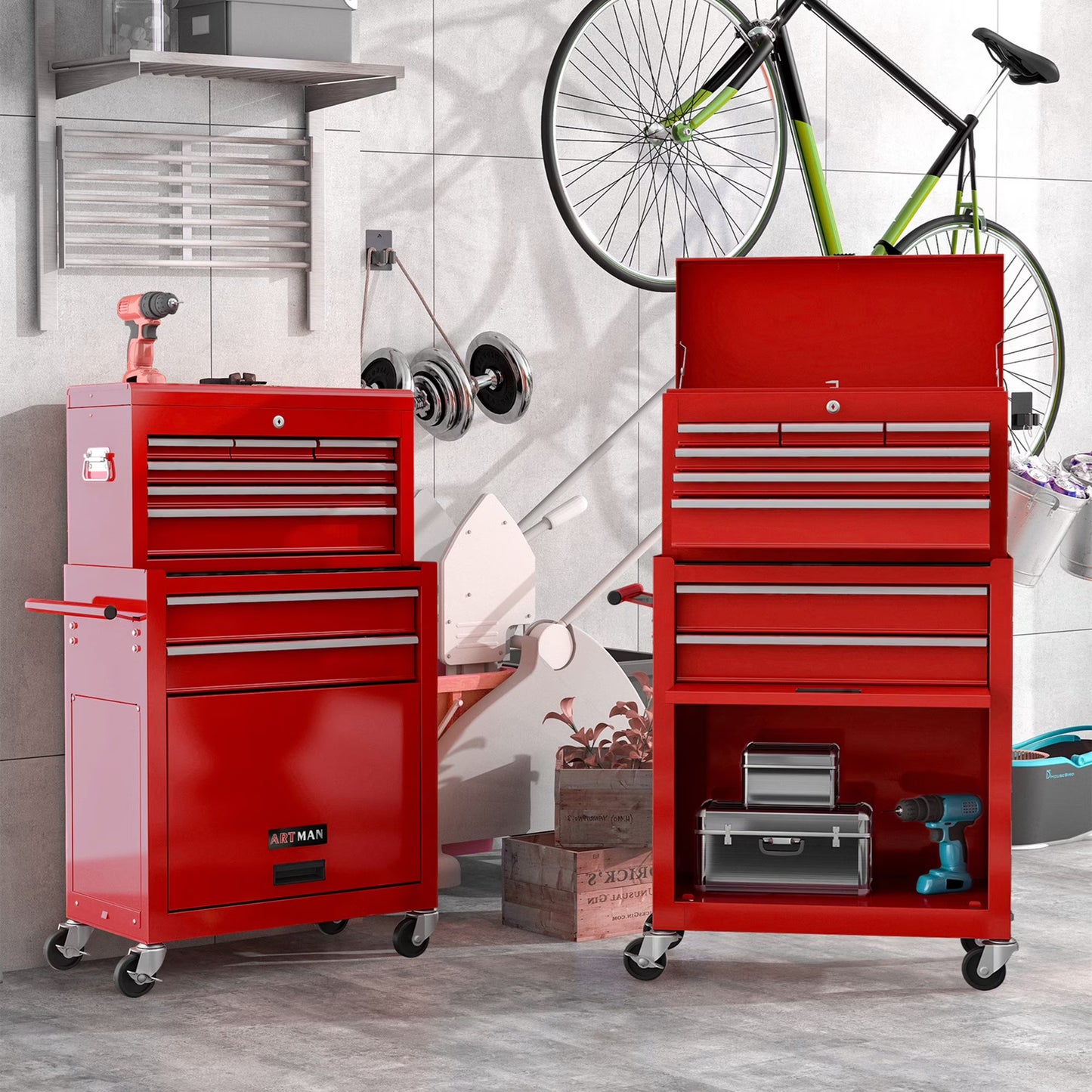 Aukfa Tool Box, 2 in 1 Steel Rolling Tool Chest & Cabinet on Wheels for Garage, 8-Drawers, Blue