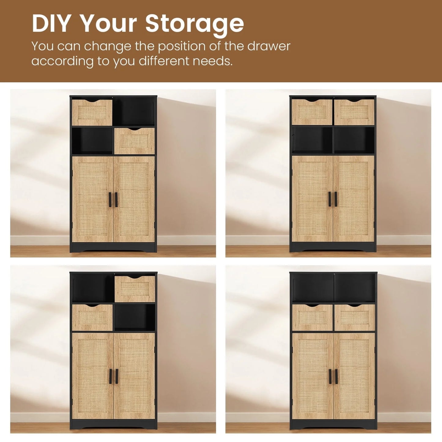 Iwell Rattan Storage Cabinet with 2 Drawers & 2 Shelves, Floor Cabinet for Living Room