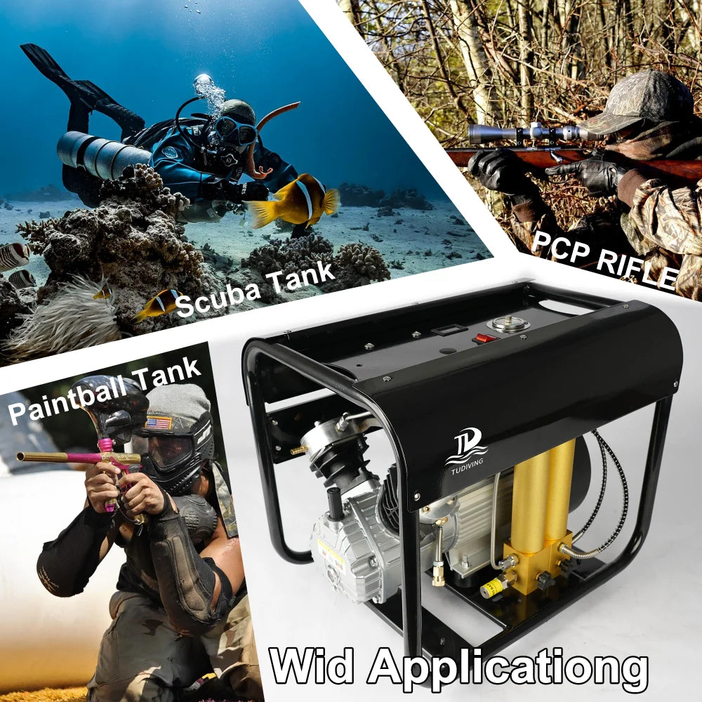 TUDIVING PCP Air Compressor, 4500psi Pcp Compressor Auto stop with Water and Fan Cooling, Triple Filtration for Scuba