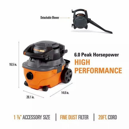 4 Gallon 6.0 Peak HP Wet/Dry Shop Vacuum with Detachable Blower, Fine Dust Filter, Locking Hose and Accessories