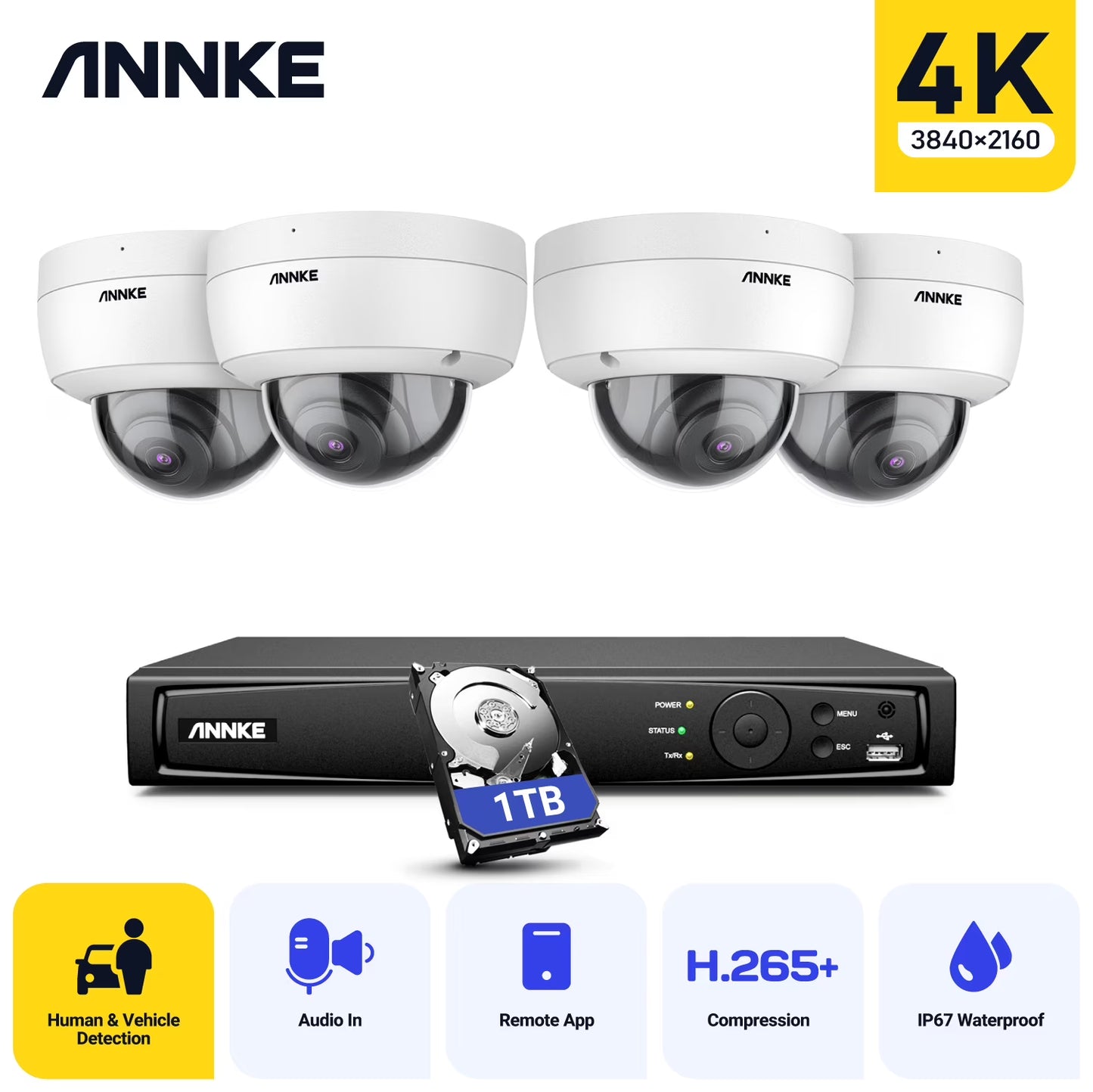 ANNKE 4K Ultra HD PoE Network Video Security System 8CH 4K H.265 Surveillance NVR With 4pcs 4K HD IP67 POE CCTV Dome Cameras without HDD