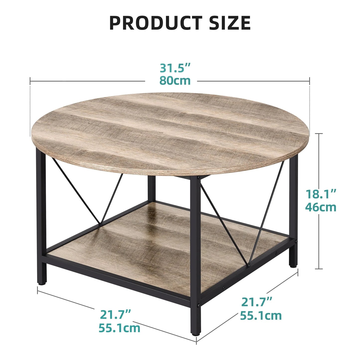 Dextrus Round Coffee Table with Storage, Rustic Living Room Tables with Sturdy Metal Legs, OAK