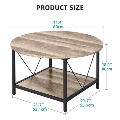 Dextrus Round Coffee Table with Storage, Rustic Living Room Tables with Sturdy Metal Legs, OAK
