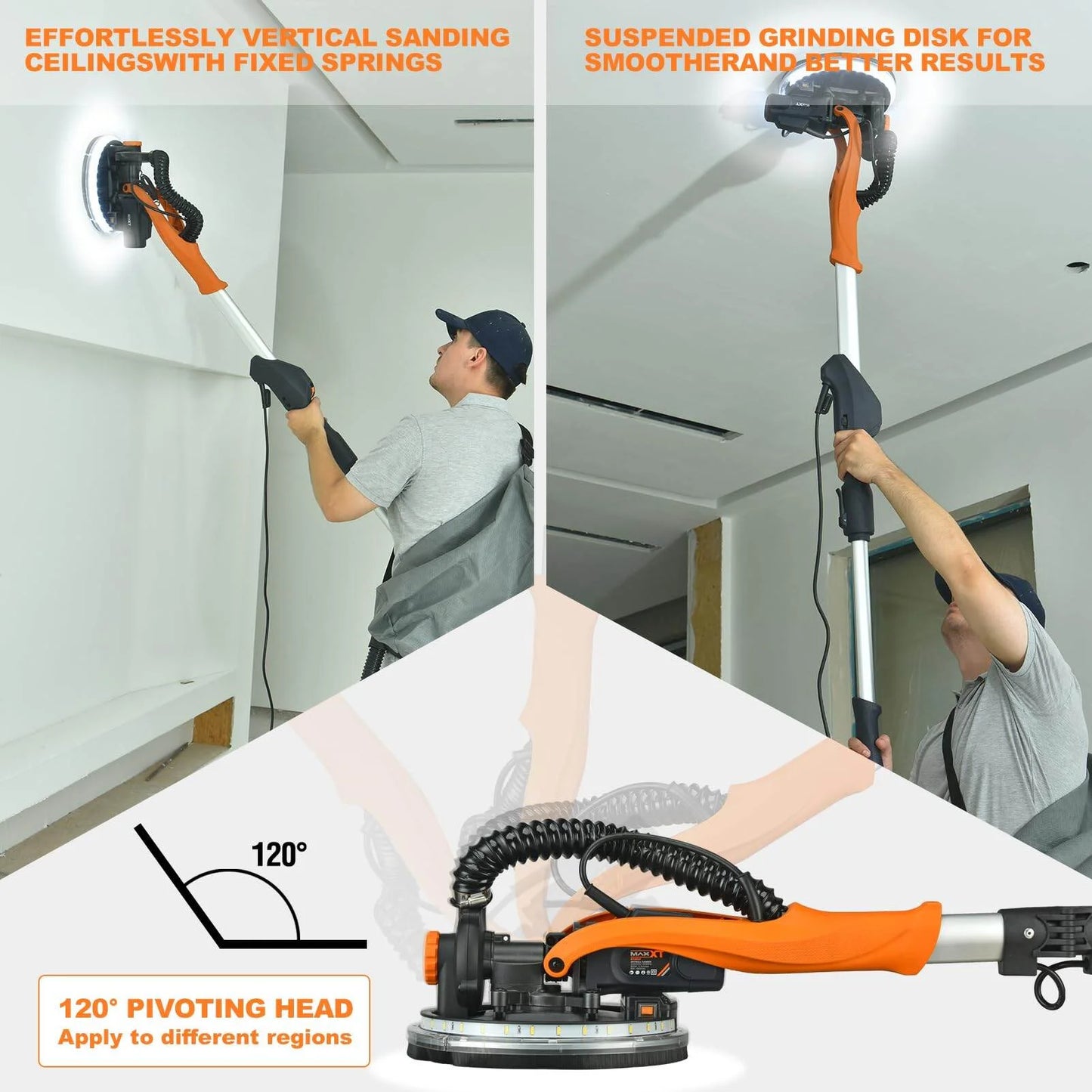 Drywall Sander with Vacuum Dust Collection, 6 Variable Speed Foldable Telescopic Electric Wall Sander, Popcorn Ceiling Removal Tool, 1900RPM Power Sander Tool, LED Light, 18Pcs Sanding Discs,Power D