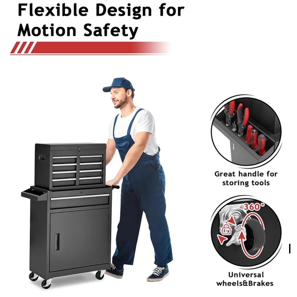 Rolling Tool Chest, 5 Drawers with Big Cabinet, Tool Trolley with 4 Universal Lockable Wheels and Lock Bar, Great Black Tool Cart for Garage Workshop, Sturdy Heavy Duty Tool Storage, Easy Assemble