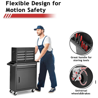 Rolling Tool Chest, 5 Drawers with Big Cabinet, Tool Trolley with 4 Universal Lockable Wheels and Lock Bar, Great Black Tool Cart for Garage Workshop, Sturdy Heavy Duty Tool Storage, Easy Assemble