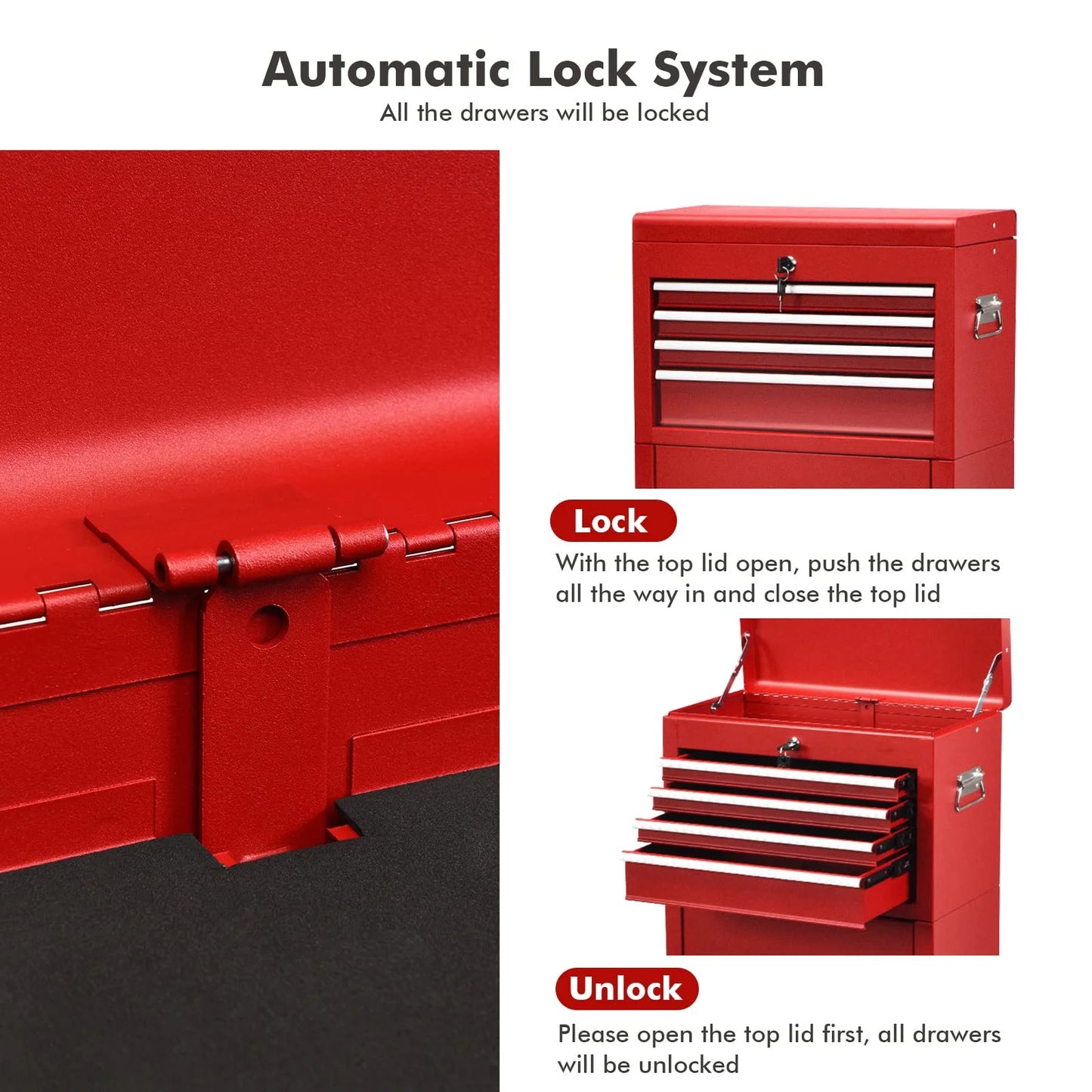 NIGSQJB 3-In-1 Tool Chest on Wheels with 6 Drawers, 52"H Tool Storage Cabinet with Auto Locking System,Detachable Top,Tool Box Organizer for Garage,Workshop,Repair Shop,DIY, Red