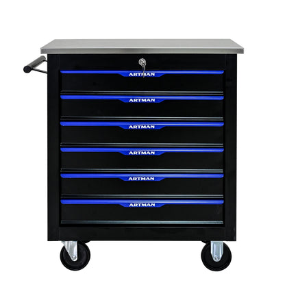 Tool Chest, 6-Drawer Rolling Tool Storage Cabinet with Wheels, Detachable Lockable Tool Box, Metal Tool Cart for Garage Workshop, Black Blue