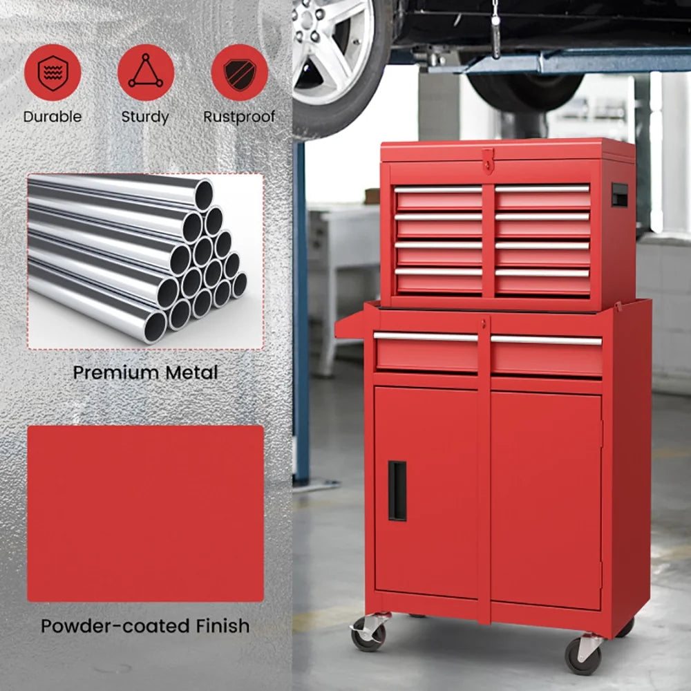 Barara King Tool Rolling Cabinet Toolbox Organizer Chest,2-in-1 Tool Chest and Cabinet with 5 Sliding Drawers-Red