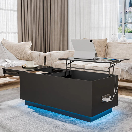 Hommpa LED Lift Top Coffee Table with Charging Station High Gloss Rectangle Center Tea Desk Black Hidden Storage Rising Dining Cocktail Tables Living Room