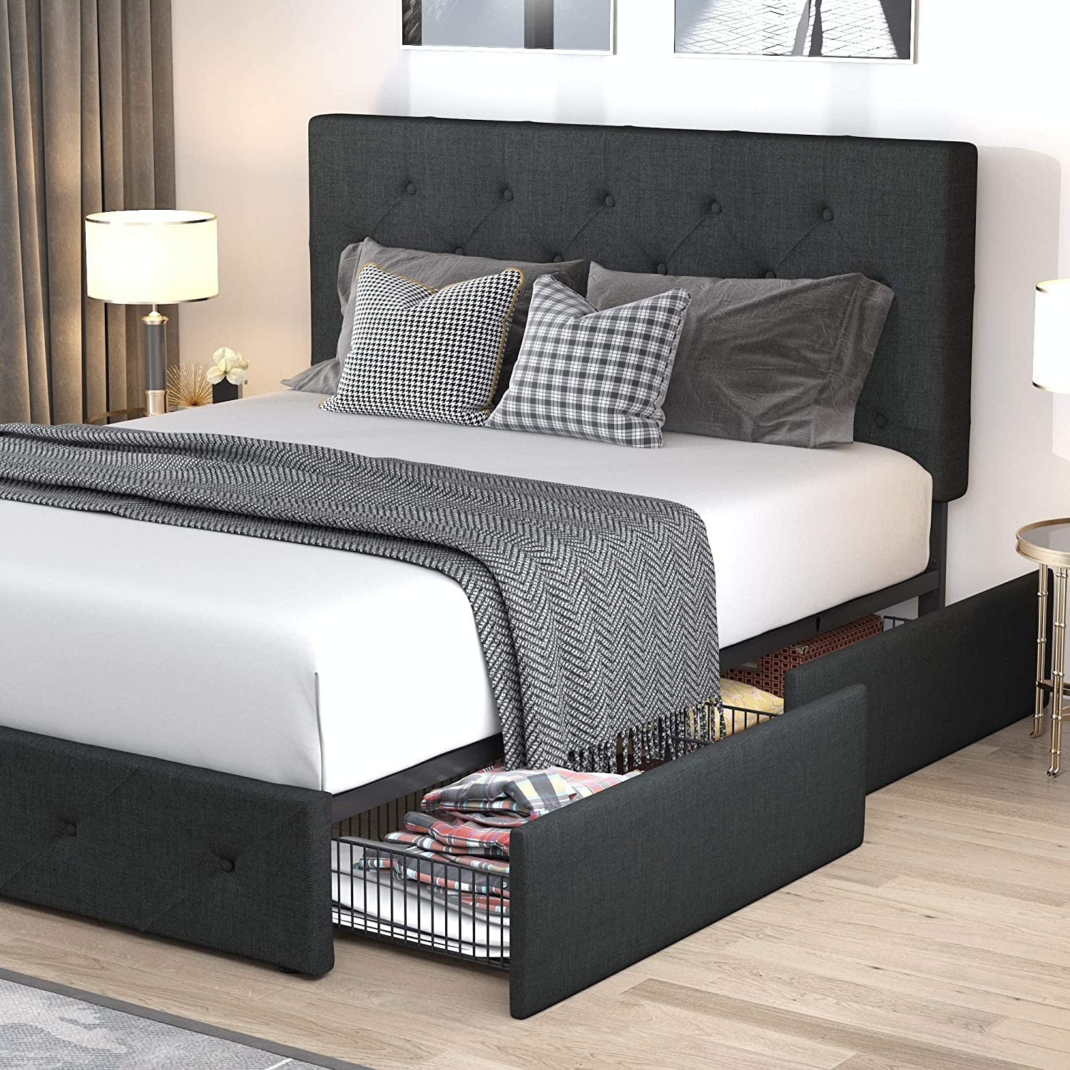 Allewie Queen Platform Bed Frame with 4 Drawers Storage and Headboard, Diamond Stitched Button Tufted Upholstered Mattress Foundation with Wood Slat Support, Dark Grey