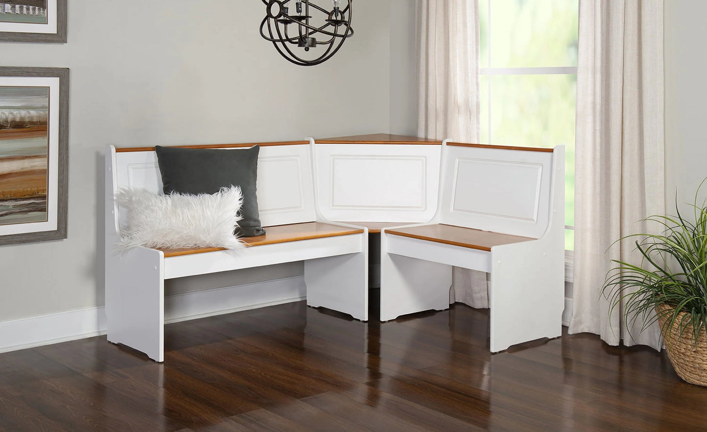 Linon Ardmore Wood Corner Dining Breakfast Nook with Table and Storage, Seats 5-6, White and Natural Finish