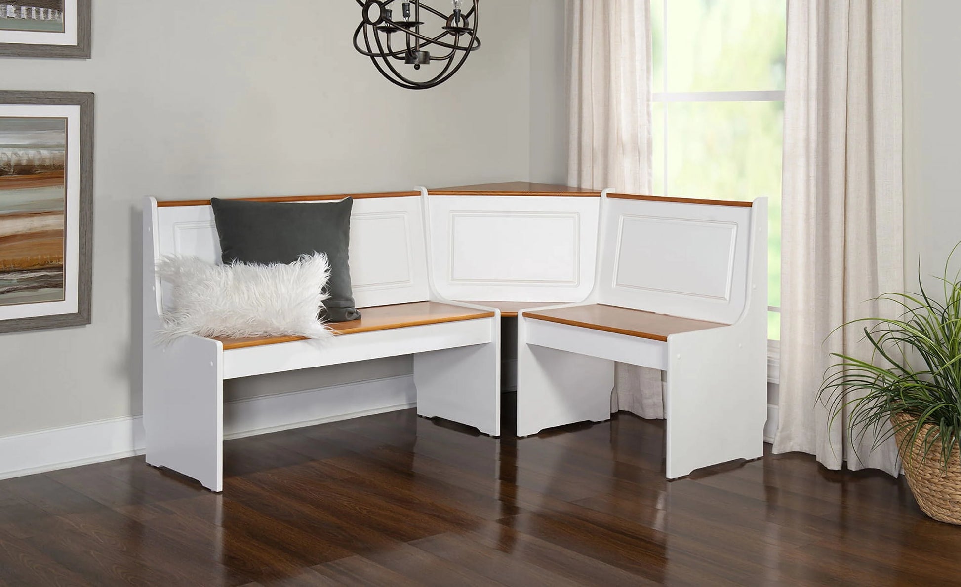 Linon Ardmore Wood Corner Dining Breakfast Nook with Table and Storage, Seats 5-6, White and Natural Finish