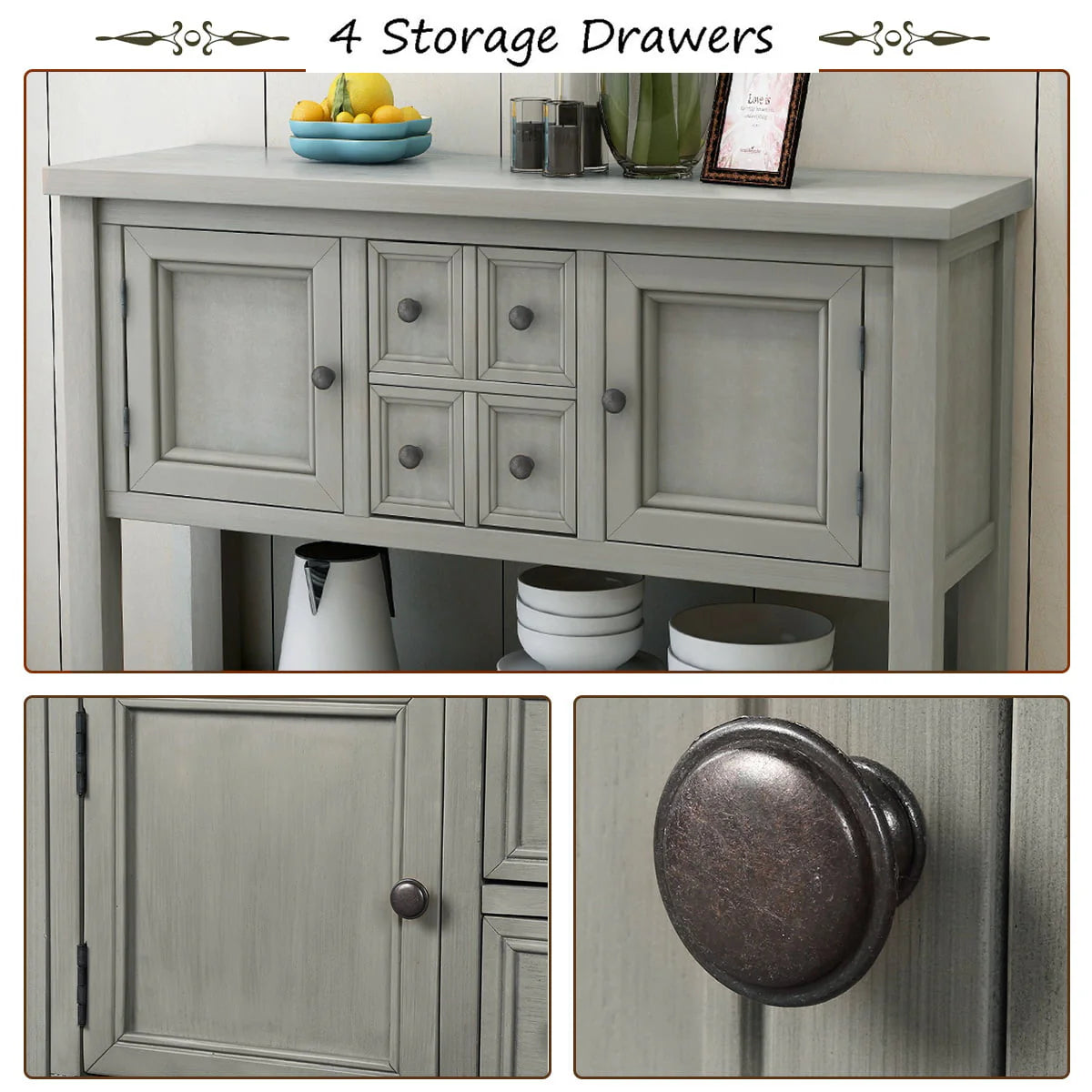 Buffet Sideboard, 46" Dining Room Console Table with 4 Storage Drawers, 2 Cabinets, 1 Bottom Shelf, Antique Grey, Q3687