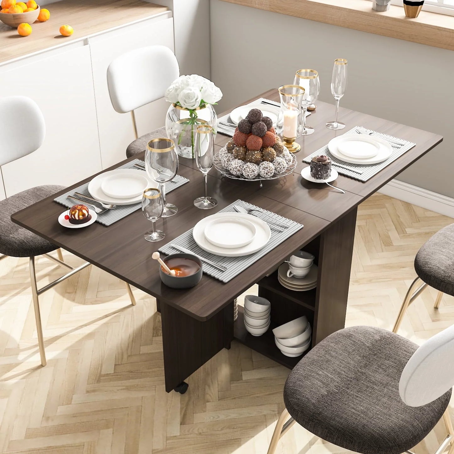 DINAZA Folding Dining Table Drop Leaf Table for Small Spaces with Storage Racks Multifunction Space Saving Table Extension Dinner Table for Kitchen Bedroom Dining Room