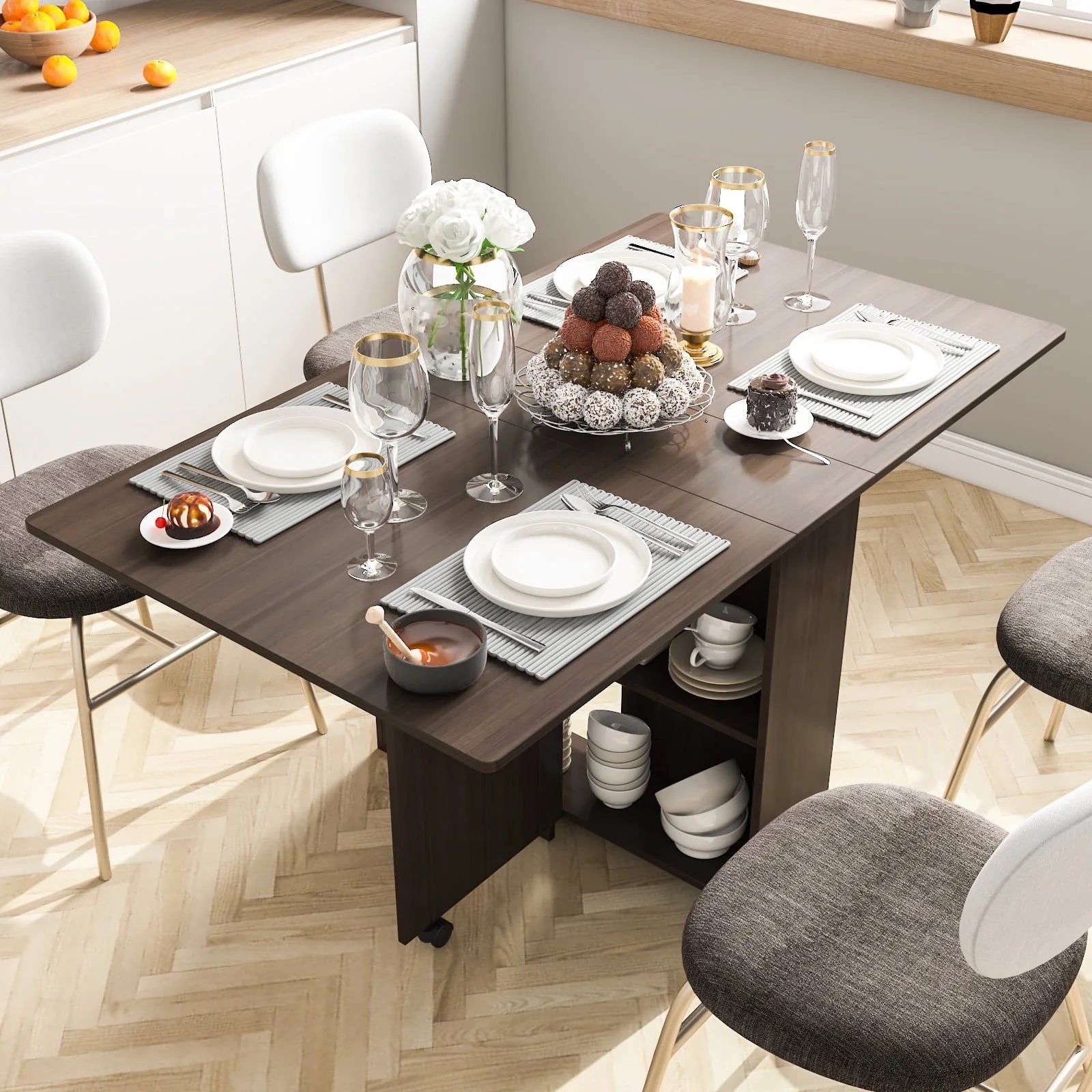 DINAZA Folding Dining Table Drop Leaf Table for Small Spaces with Storage Racks Multifunction Space Saving Table Extension Dinner Table for Kitchen Bedroom Dining Room