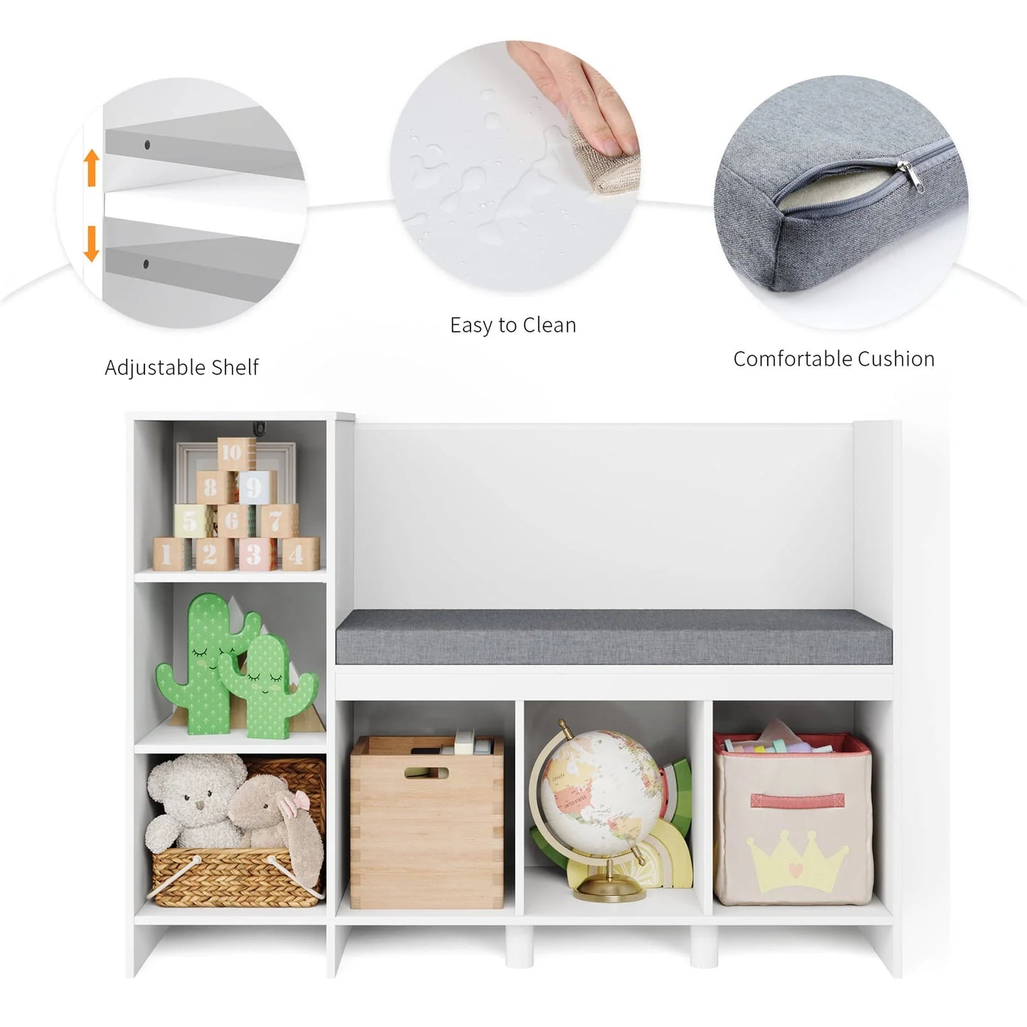 Homfa 6 Cube Kids Bookshelf with Reading Nook, Storage Organizer with Seat Cushion for Children's Room, White