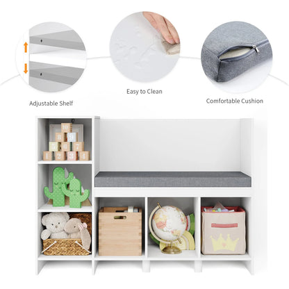 Homfa 6 Cube Kids Bookshelf with Reading Nook, Storage Organizer with Seat Cushion for Children's Room, White