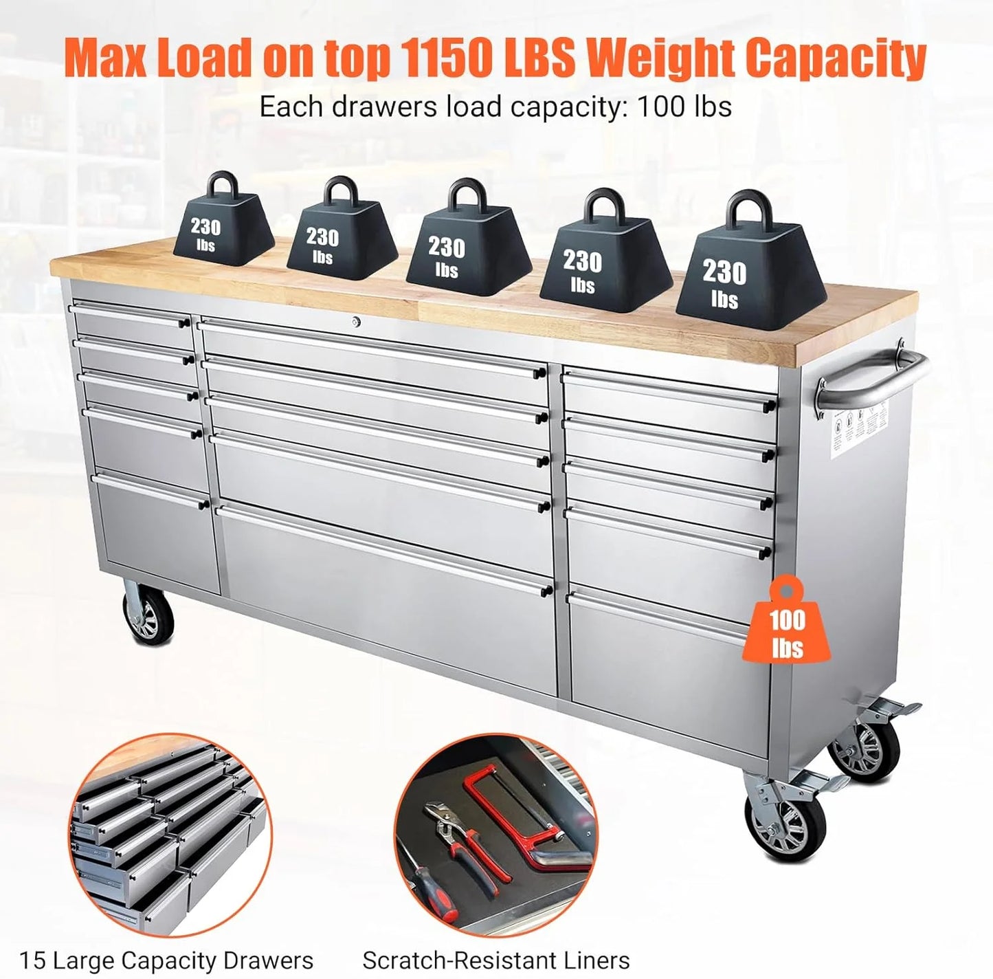 Kojooin 72-Inch Rolling Tool Cabinet, Large Rolling Tool Chest with 15-Drawer and Mobile Workbench, Heavy Duty Steel Storage Cabinet with Locking System for Warehouse, Garage, Basement