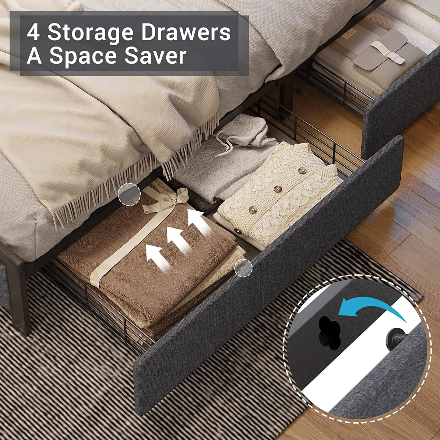 Tiptiper Queen Bed Frame with Storage Headboard, LED Bed Frame with Drawers, Upholstered Metal Platform Bed with USB Ports and Charging Outlets, No Squeak, Vertical Channel Tufting, Dark Gray