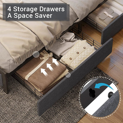 Tiptiper Queen Bed Frame with Storage Headboard, LED Bed Frame with Drawers, Upholstered Metal Platform Bed with USB Ports and Charging Outlets, No Squeak, Vertical Channel Tufting, Dark Gray
