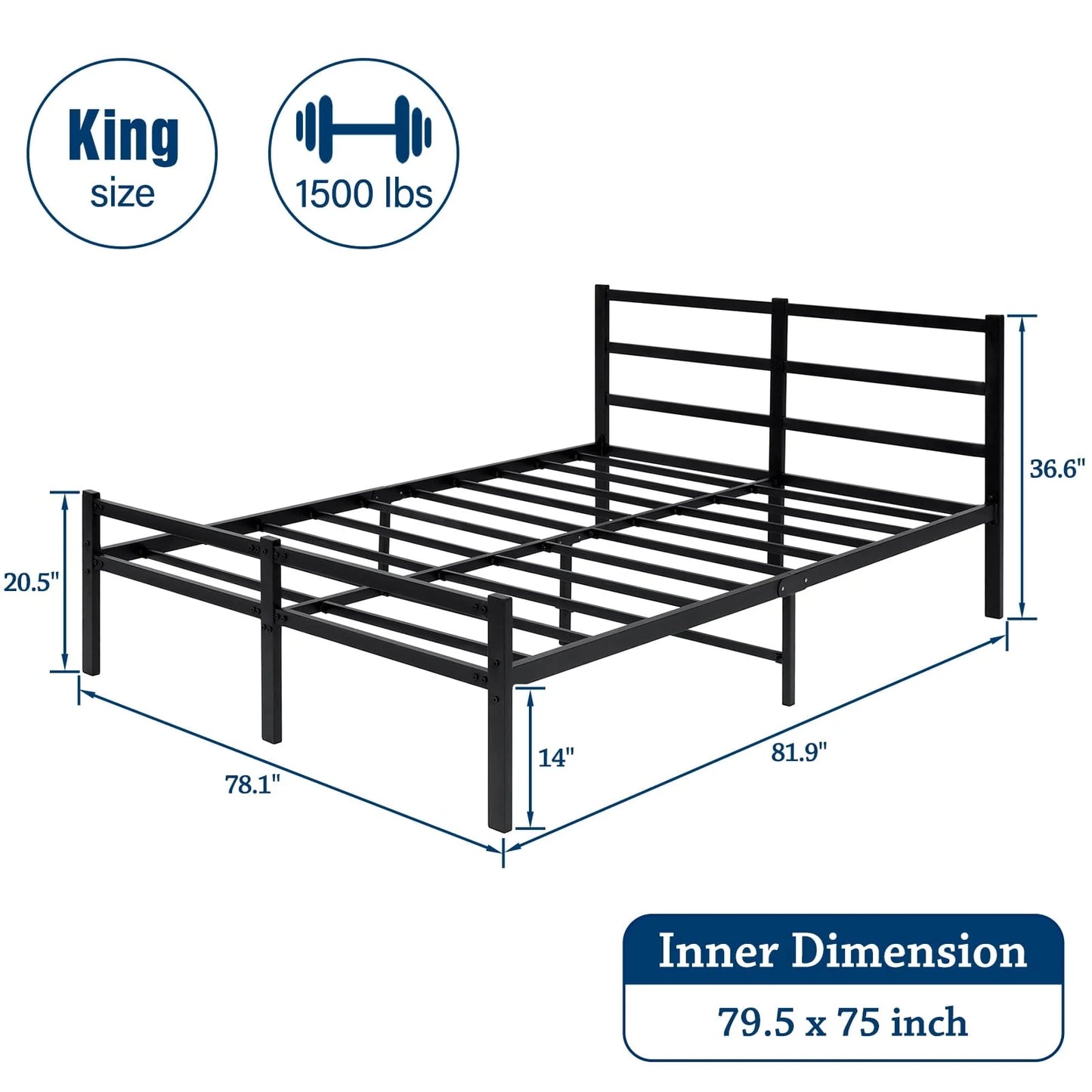 Lusimo King Bed Frame with Headboard and Footboard 14 Inch Sturdy Metal Platform King Size Bed Frame with Under Bed Storage Space Anti-Slip Noise-Free Mattress Foundation for Adult