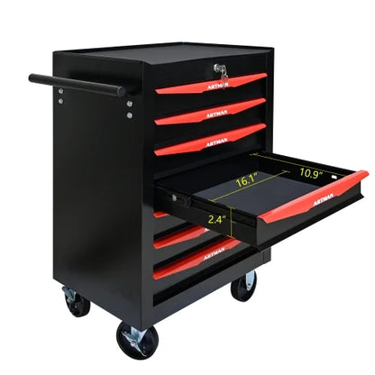 POVANLI 7 Drawer Portable Tool Box With Wheels,20" Tool Chest With Key Locking Tool Boxes/Organizers Black& Red