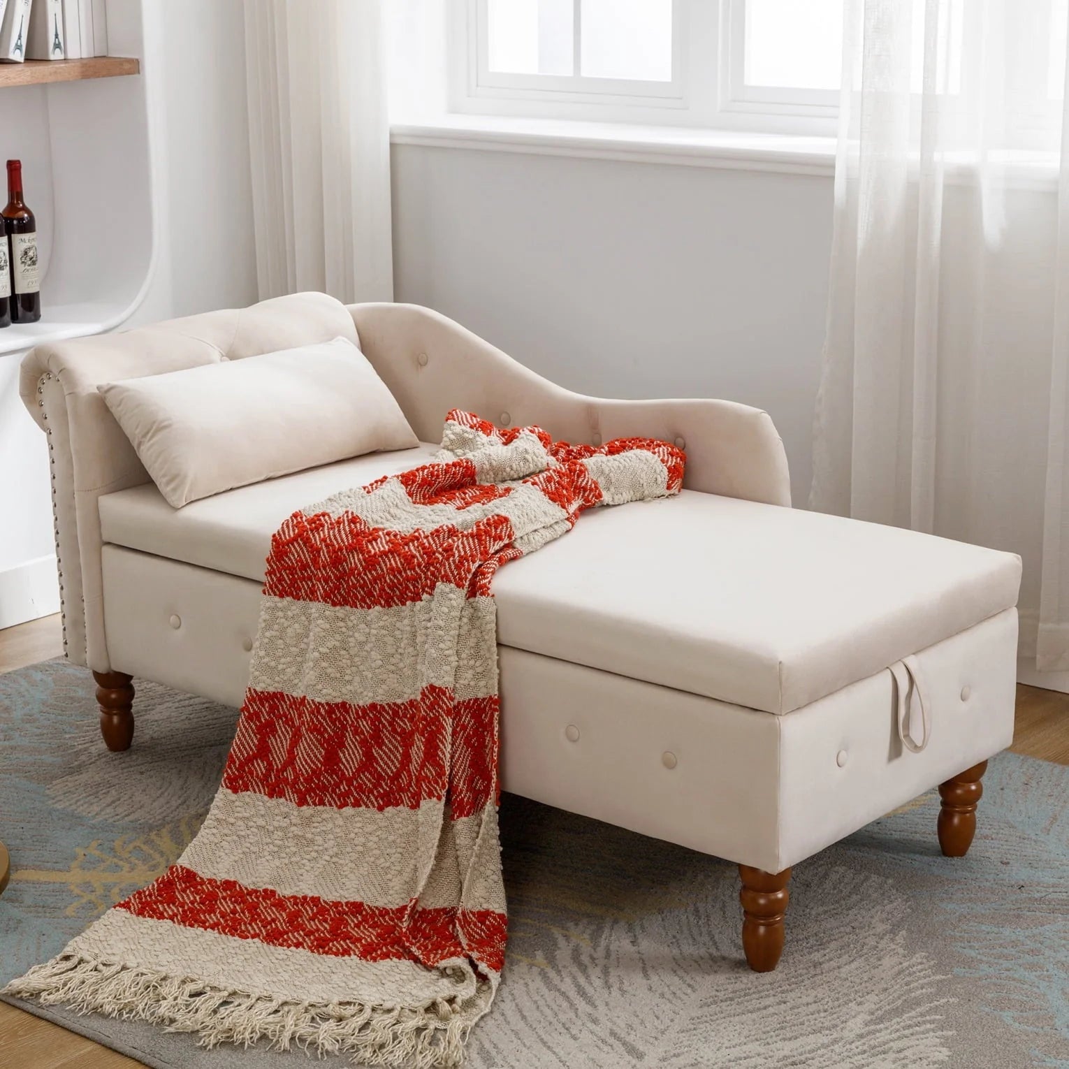Indoor Velvet Chaise Lounge with Hidden Storage, Modern 58" L Upholstered Rolled Arm Chaise Chair with 1 Pillow and Solid Wood Legs for Living Room Bedroom Office (Beige)