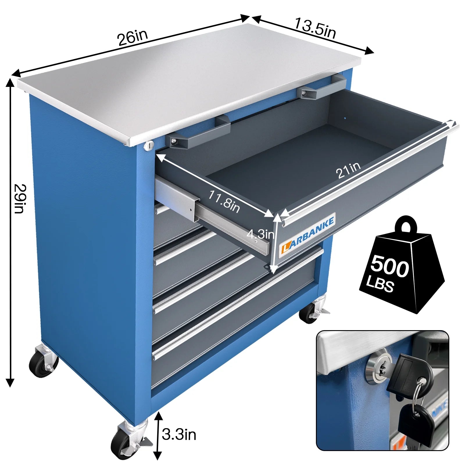 LARBANKE 5-Drawer Rolling Tool Chest with Key Lock, Drawer Liners, Link Buckle, Suitable for Warehouse and Garage