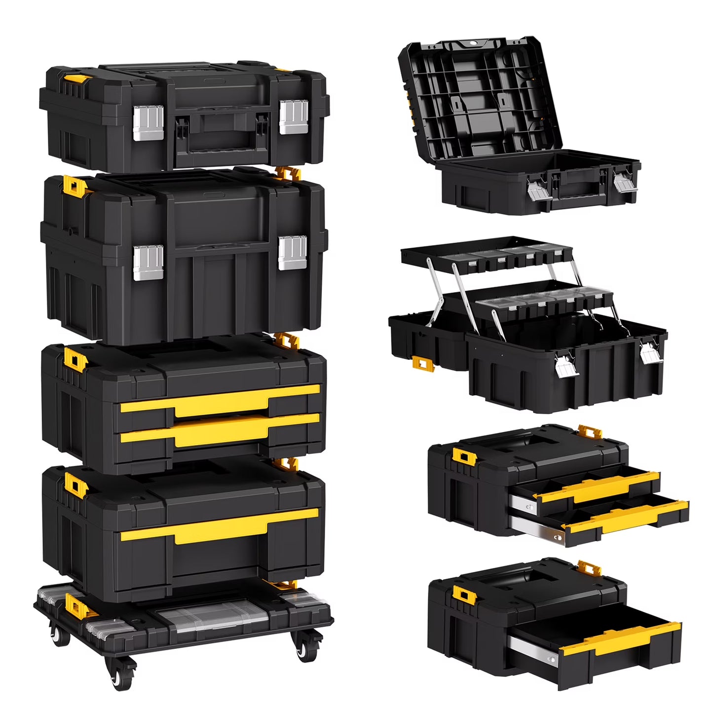 4 Tier Stackable Rolling Tool Box with Wheels, Modular Organizer Storage System with Drawers for Garage & Professional Work