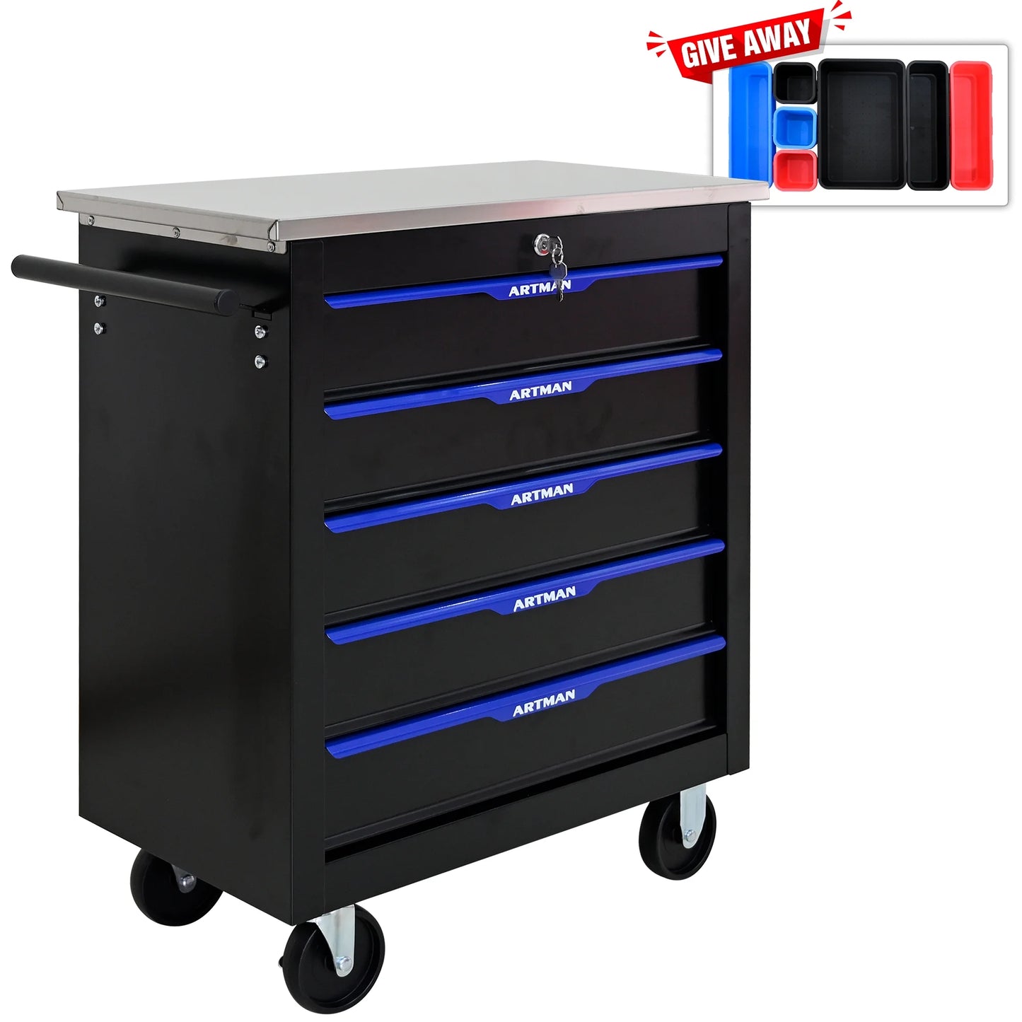 Olurrisa Rolling Steel Tool Chest, 5-Drawer Tool Storage Cabinet with Hanging Holes, Central Keyed Locking System, Lockable Wheels, Tool Organizer Box for Garage & Repair Shop