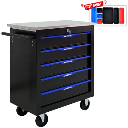 Olurrisa Rolling Steel Tool Chest, 5-Drawer Tool Storage Cabinet with Hanging Holes, Central Keyed Locking System, Lockable Wheels, Tool Organizer Box for Garage & Repair Shop