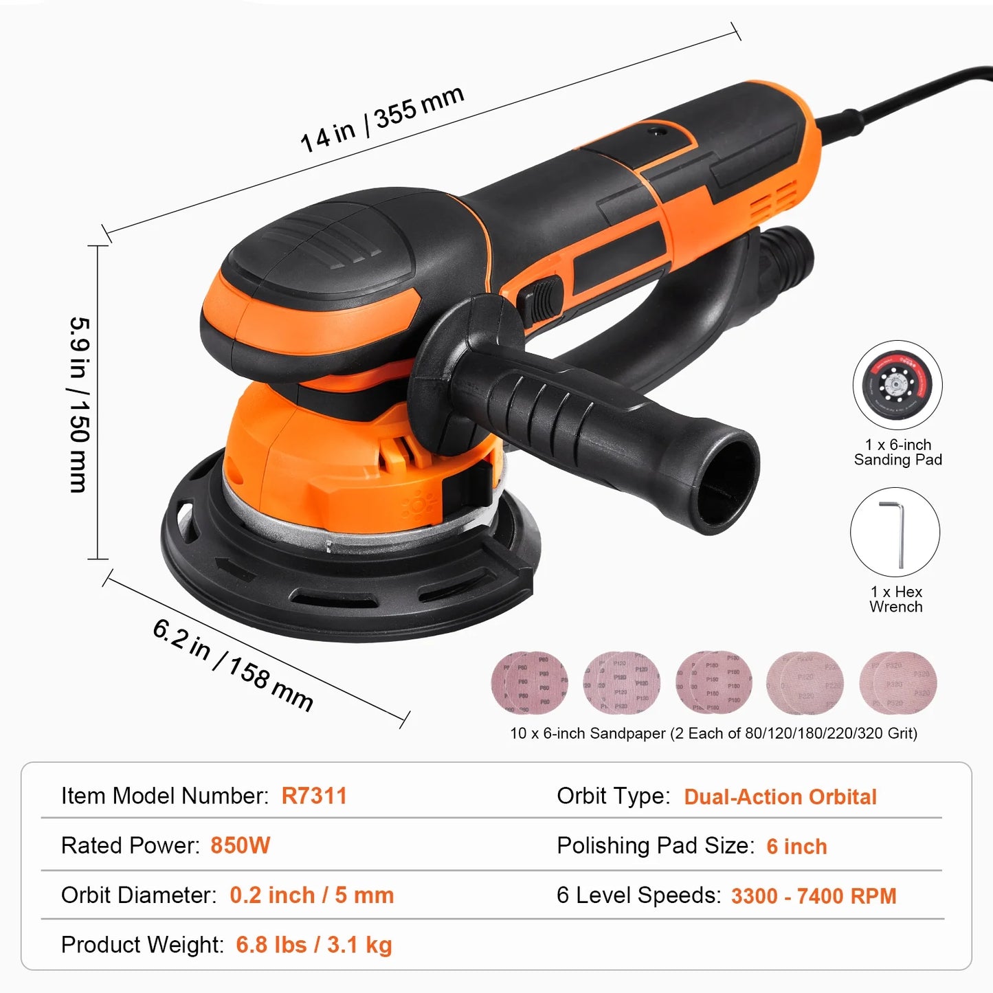 KFFKFF Eccentric Sander,Dual Function 6-Inch DA & GA Orbital Sander,850W 7400PRM with 6 Adjustable Speeds,Electric Hand Sander including 10PCS Sandpapers,Dust Attachment for Detailed Woodwork Sanding