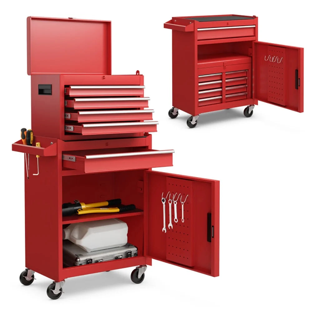 Canddidliike 2-in-1 Tool Chest and Cabinet with 5 Sliding Drawers-Red, Heavy Duty Utility Industrial Service Cart