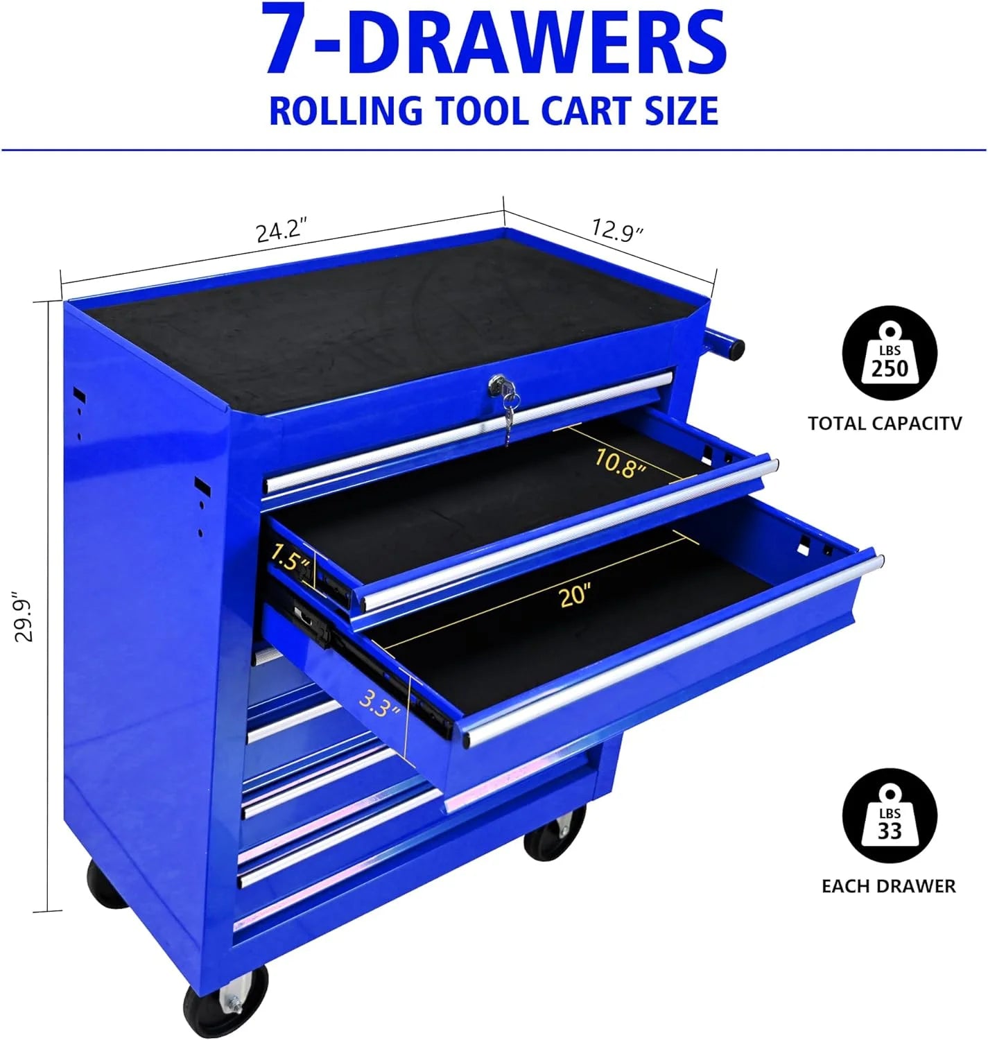 DSstyles Tool Chests, 7-Drawer Rolling Tool Storage Cabinet with Detachable Tray, Multi-Functional Handles, Adjustable Shelves, Secure Locking System, Heavy-Duty Wheels, Ideal for Garage, Workshop