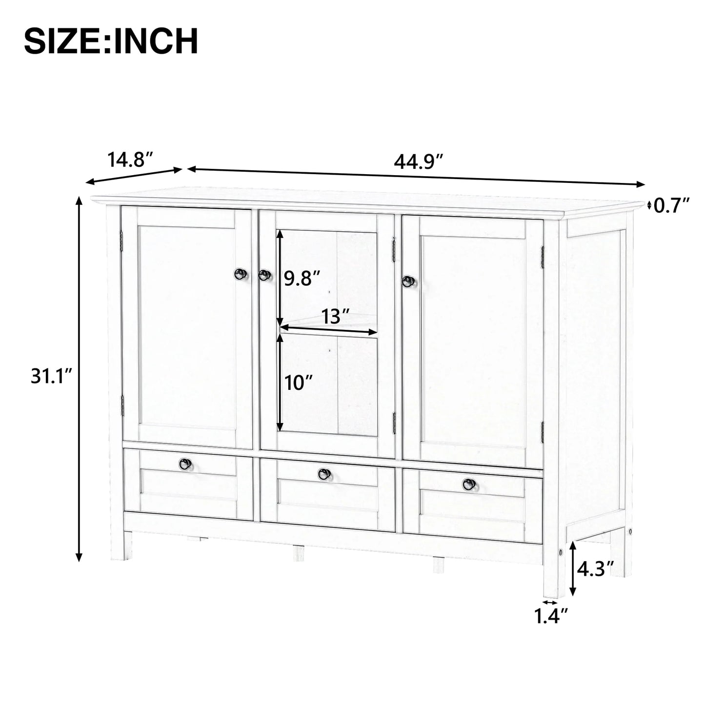 Modern Storage Cabinet, BUG HULL 44.9" Wide Solid Wood Sideboard Buffet Table, Console Table with 3 Doors and Drawers, White