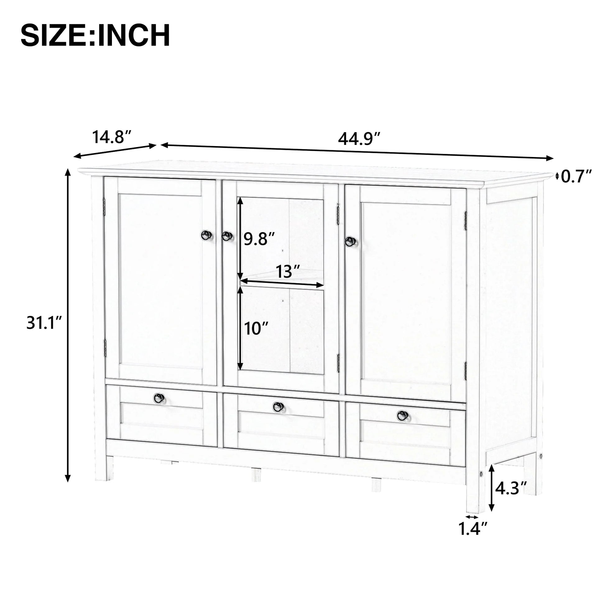 Modern Storage Cabinet, BUG HULL 44.9" Wide Solid Wood Sideboard Buffet Table, Console Table with 3 Doors and Drawers, White