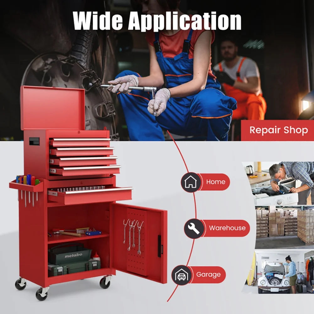 Barara King Tool Rolling Cabinet Toolbox Organizer Chest,2-in-1 Tool Chest and Cabinet with 5 Sliding Drawers-Red