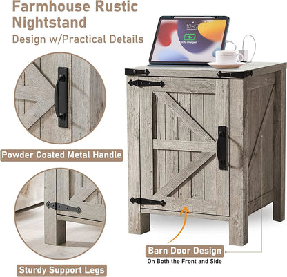 OKD Farmhouse Large Storage Square End Side Tables Wood with Barn Door and Charging Station, Light Rustic Oak