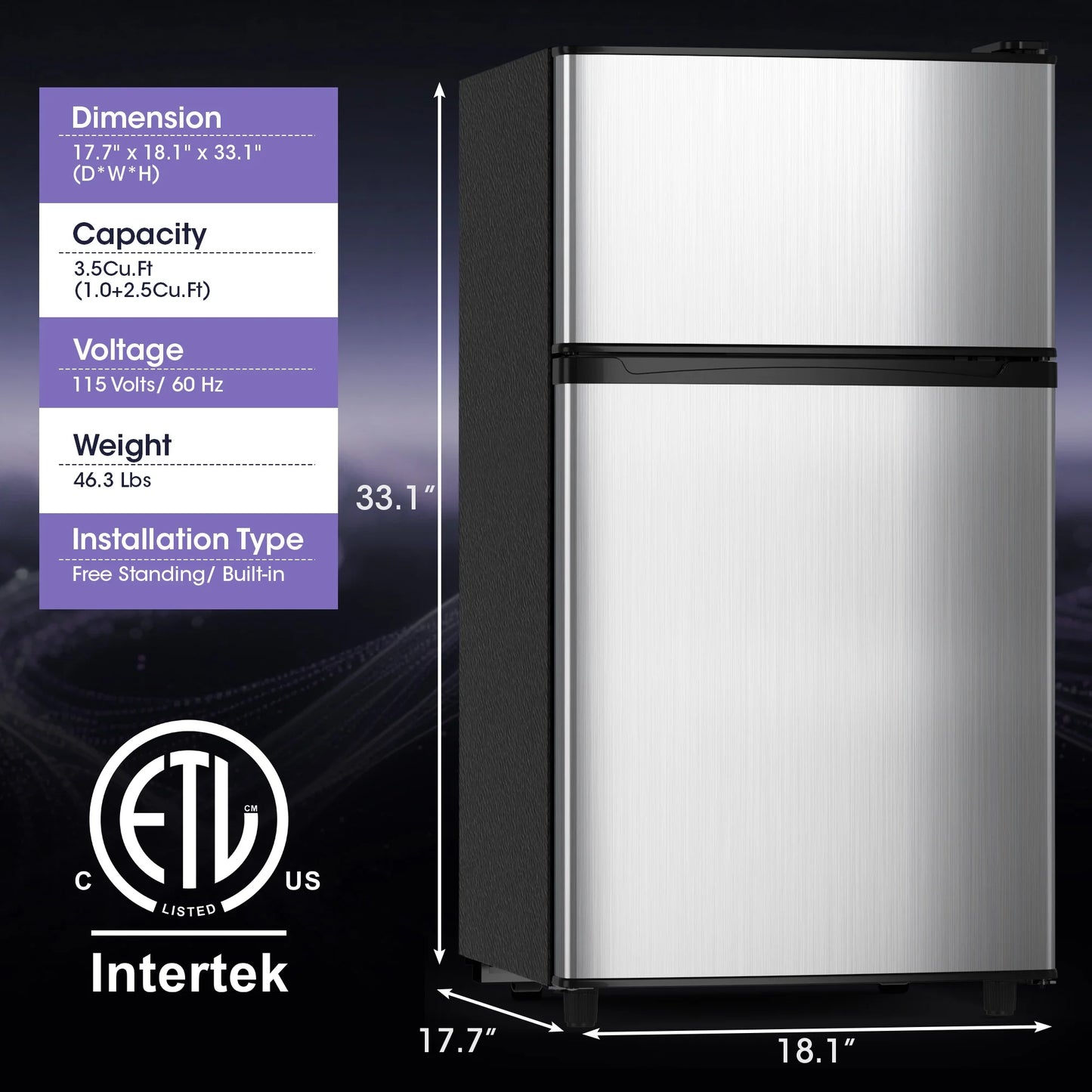 Manastin 3.5 Cu.ft Mini Fridge with Freezer, Adjustable Thermostat, Low Noise, Removable Glass Shelves, 2 Door Small Refrigerator for Kitchen, Office, Bedroom,Black