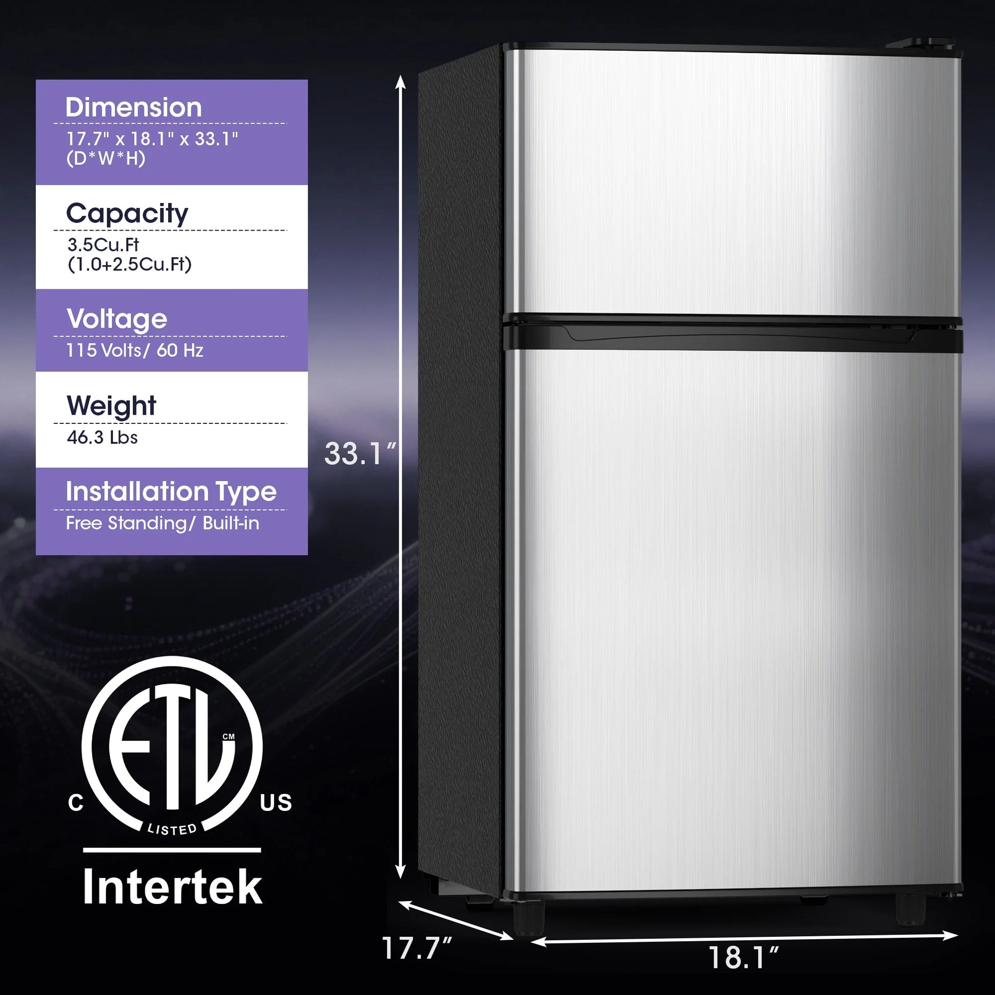 Manastin 3.5 Cu.ft Mini Fridge with Freezer, Adjustable Thermostat, Low Noise, Removable Glass Shelves, 2 Door Small Refrigerator for Kitchen, Office, Bedroom,Black